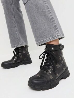 100% Leather Black Star & Bee Embossed Combat Boots - Women's